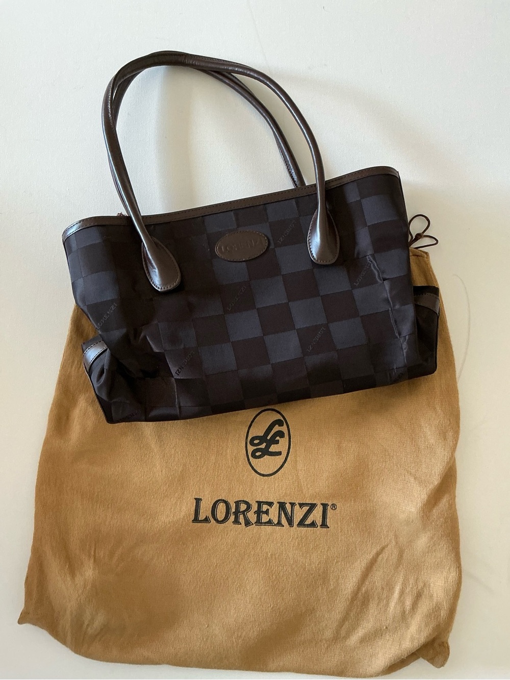 Lorenzi Brown Checkered Nylon Tote Bag Leather Trim Top Handle Classic - Picture 2 of 11